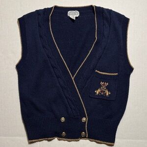 THE VILLAGER Vintage Navy Blue Knit Vest Embroidery Pocket Horse Buttons Size M